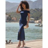 SOSANDAR Mesh Bardot Ruched Midaxi Shirred Dress Navy