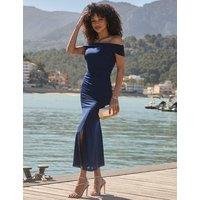 SOSANDAR Mesh Bardot Ruched Midaxi Shirred Dress Navy