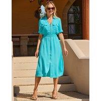 SOSANDAR Shirred Waist Zip Front Midi Shirt Dress Blue