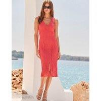 SOSANDAR Knitted Lace Detail V-Neck Midi Pencil Dress Orange