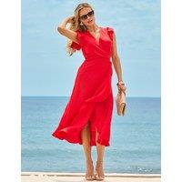 SOSANDAR Linen Blend Ruffle Hem Midi Wrap Dress Orange
