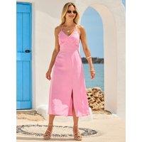 SOSANDAR Linen Rich Halter Neck Midi Waisted Dress Pink