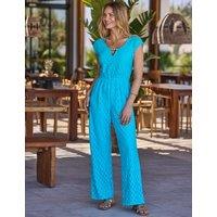SOSANDAR Cotton Rich Keyhole Cap Sleeve Jumpsuit Blue