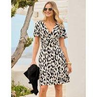 SOSANDAR Animal Print V-Neck Skater Dress Ivory Mix