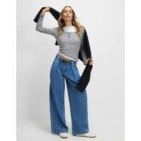 River Island High Waisted Belted Pleated Wide Leg Jeans Blue Denim