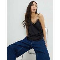 River Island Satin V-Neck Lace Trim Cami Top Black