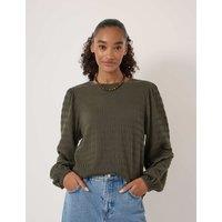 HUSH Cotton Rich Textured Crew Neck Top Dark Khaki