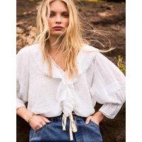 RO&ZO Pure Cotton V-Neck Ruffle Relaxed Blouse Ivory