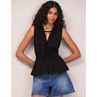 RO&ZO Pure Cotton V-Neck Tie Front Top Black