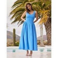 RO&ZO Scoop Neck Midaxi Skater Dress with Linen Mid Blue