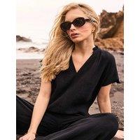 RO&ZO Pure Cotton V-Neck Frill Detail Relaxed Top Black