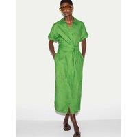 Jigsaw Pure Linen Collared Belted Midi Shirt Dress Green