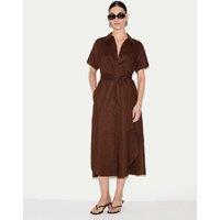 Jigsaw Pure Linen Collared Belted Midi Shirt Dress Brown