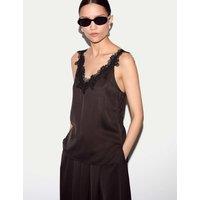 Jigsaw Satin V-Neck Lace Detail Cami Top Brown Mix