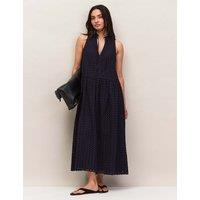 RO&ZO Pure Cotton Broderie V-Neck Midi Column Dress Navy