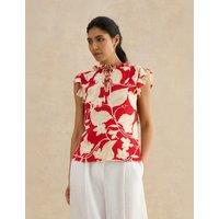 HOBBS Floral Tie Neck Ruffle Blouse Red Mix