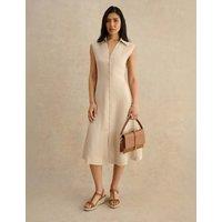 HOBBS Pure Linen Striped Midi Shirt Dress Beige Mix