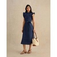 HOBBS Pure Cotton High Neck Midi Waisted Dress Blue