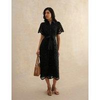 HOBBS Pure Cotton Broderie Midi Shirt Dress Black