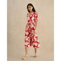 HOBBS Cotton Modal Jersey Floral Midi Waisted Dress Red Mix