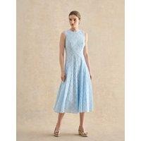 HOBBS Pure Cotton Broderie Midi Skater Dress Blue