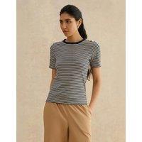 HOBBS Sparkle Striped Button Detail T-Shirt Blue Mix