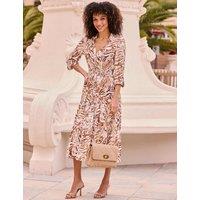 SOSANDAR Animal Print Shirred Midi Shirt Dress Natural Mix