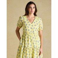 Joules Pure Cotton Floral V-Neck Mini Tiered Dress Yellow Mix
