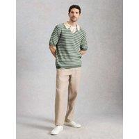 White Stuff Cotton Linen Blend Striped Knitted Polo Shirt Green Mix