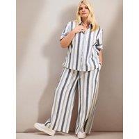Live Unlimited London Striped Wide Leg Trousers with Linen Blue