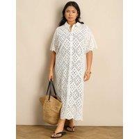 Live Unlimited London Pure Cotton Broderie Midi Shirt Dress White