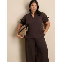 Live Unlimited London Pure Cotton Textured Notch Neck Top Chocolate