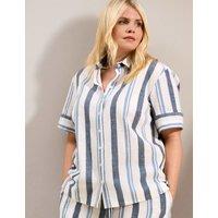 Live Unlimited London Cotton Rich Striped Collared Shirt with Linen Blue