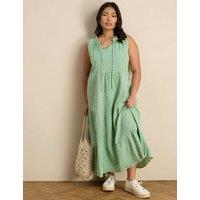 Live Unlimited London Cotton Rich Checked Midaxi Tiered Dress Green