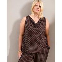 Live Unlimited London Cotton Blend Checked Cowl Neck Tunic Brown