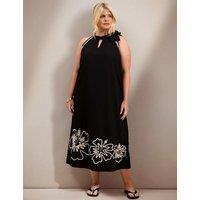 Live Unlimited London Pure Cotton Embroidered Halter Neck Dress Black