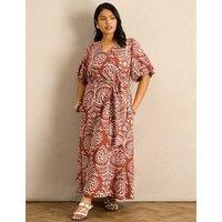 Live Unlimited London Linen Blend Printed V-Neck Midaxi Wrap Dress Orange