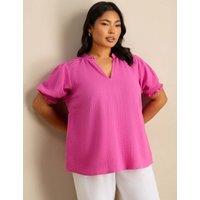 Live Unlimited London Pure Cotton Textured Ruffle Shirred Blouse Pink