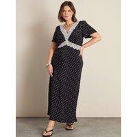 Live Unlimited London Polka Dot V-Neck Maxi Swing Dress Black