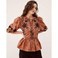 Monsoon Pure Cotton Floral Tie Neck Blouse Coral