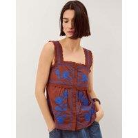 Monsoon Pure Cotton Embroidered Broderie Lace Blouse Brown