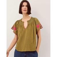 Monsoon Pure Cotton Embroidered V-Neck Top Khaki