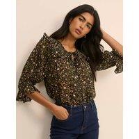 Nobody's Child Floral Collared Tie Neck Blouse Black