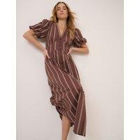 Nobody's Child Pure Cotton Striped V-Neck Midaxi Dress Brown