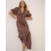 Nobody's Child Pure Cotton Striped V-Neck Midaxi Dress Brown