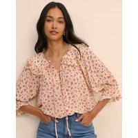 Nobody's Child Floral Collared Tie Neck Blouse Cream