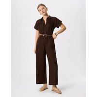 Whistles Pure Linen Short Sleeve Utility Jumpsuit Brown