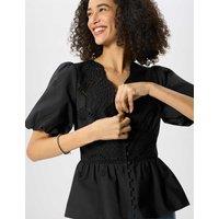Whistles Pure Cotton Broderie V-Neck Blouse Black