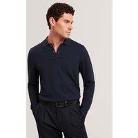 Ted Baker Cotton Rich Textured Long Sleeve Polo Shirt Navy