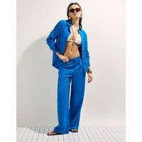 River Island Linen Rich Drawstring Wide Leg Trousers Bright Blue